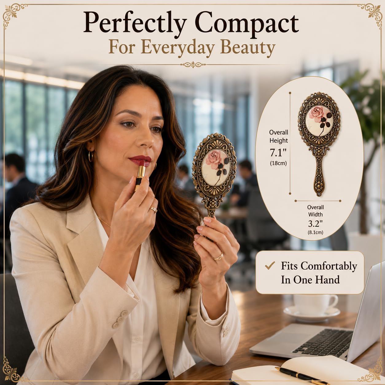 SEHAMANO Hand Mirror with Handle Compact Handheld Makeup Mirror Rose Cosmetic Clear Mirror (Matt Gold (Brass))