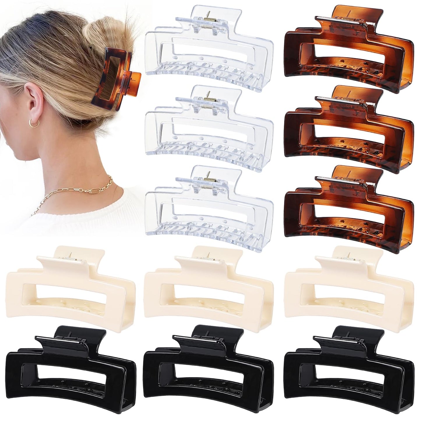 3.5 Inch Medium Hair Accessories - 12 Pcs Square Jaw Clips for Thick & Thin Hair | Rectangular Basic Color Clips for Women & Girls