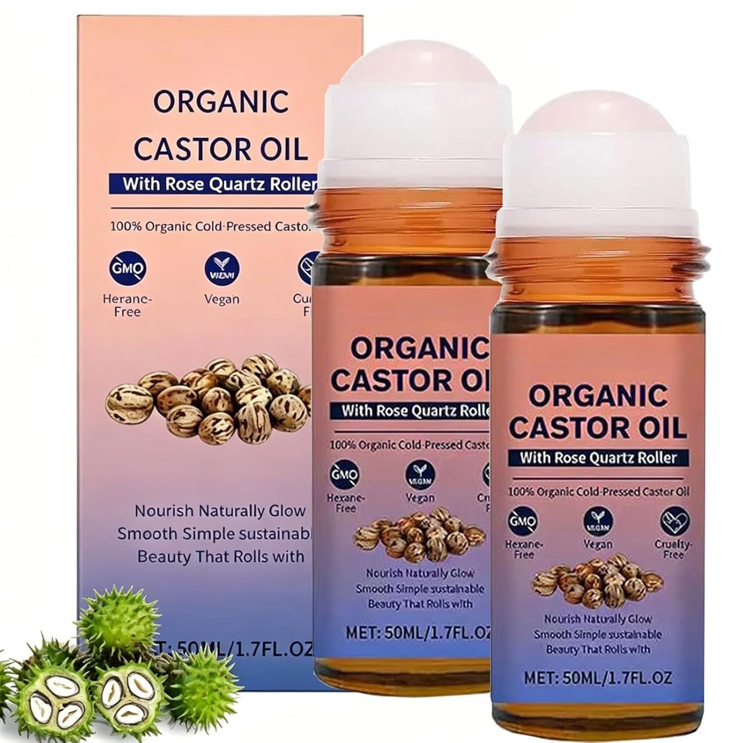 Organic Castor Oil Roll-On with Rose Quartz Roller | 100% Cold Pressed for Face, Body & Hair Care (2PCS)