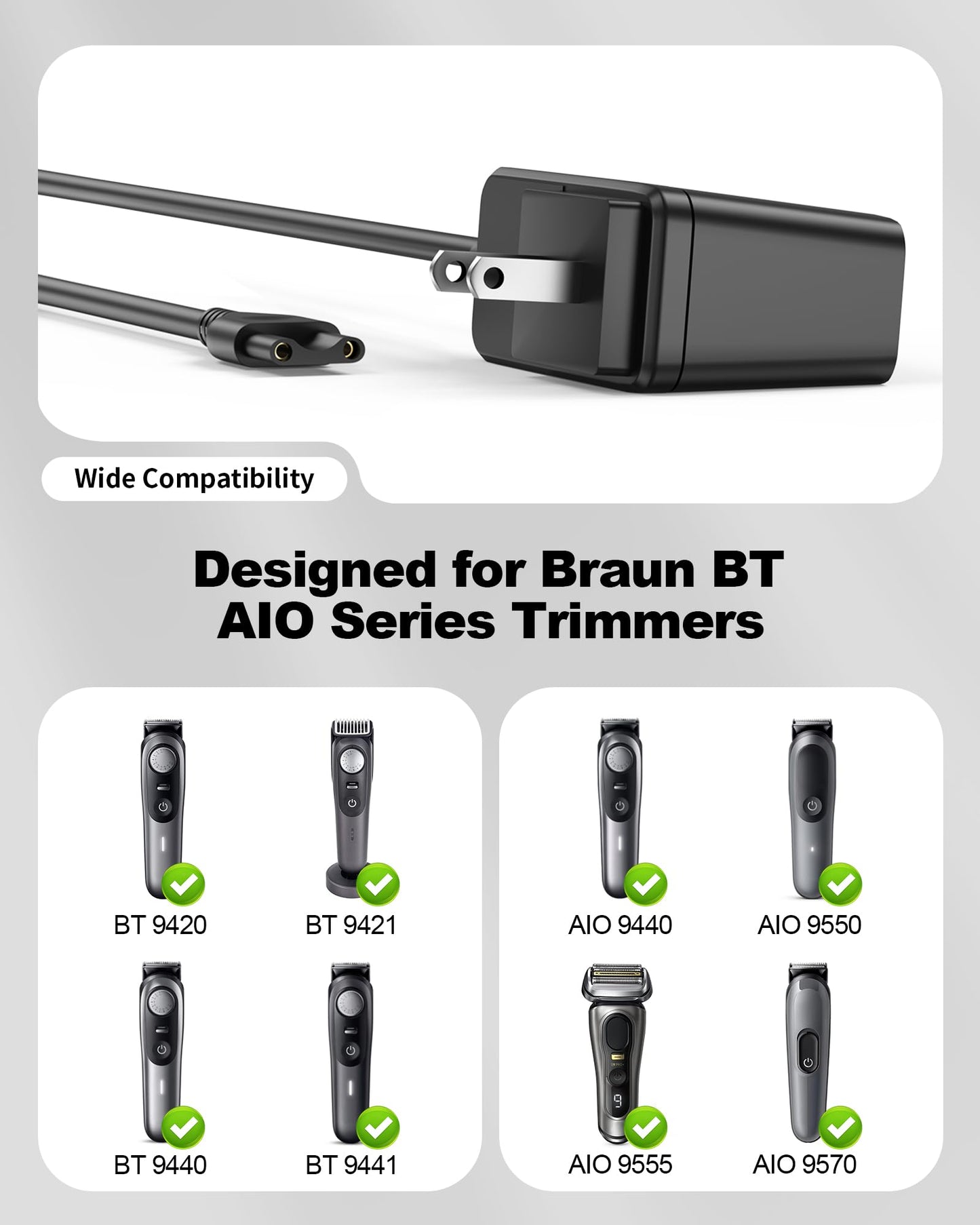 VHBW 5V Charger for Braun Series 9 9440 All-in-One Style Kit – Compatible with AIO5490 AiO7440 AiO5470 Electric Trimmers –Replacement Adapter for 463-5221