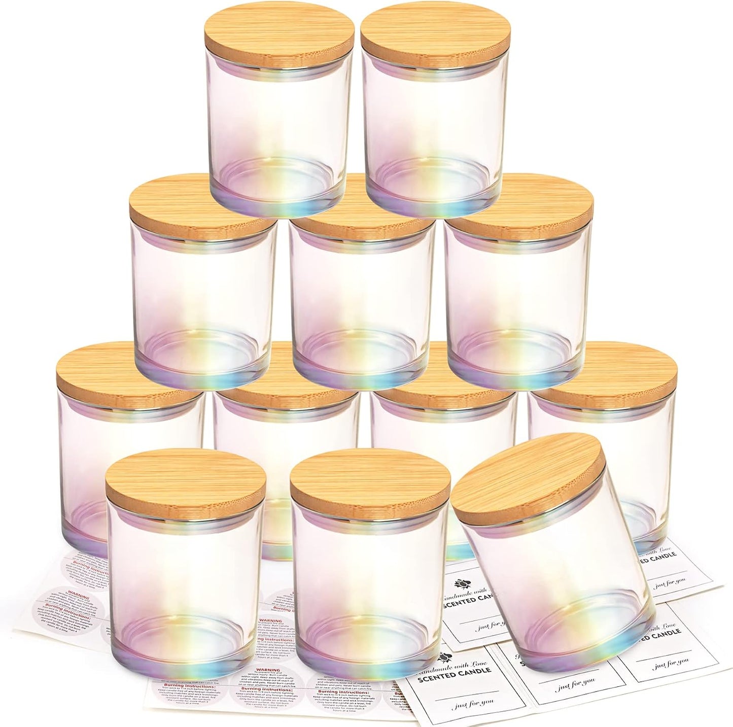 Clear Glass Candle Jars - 12 Pack 10 OZ with Bamboo Lids | Large Empty Candle Containers, Dishwasher Safe