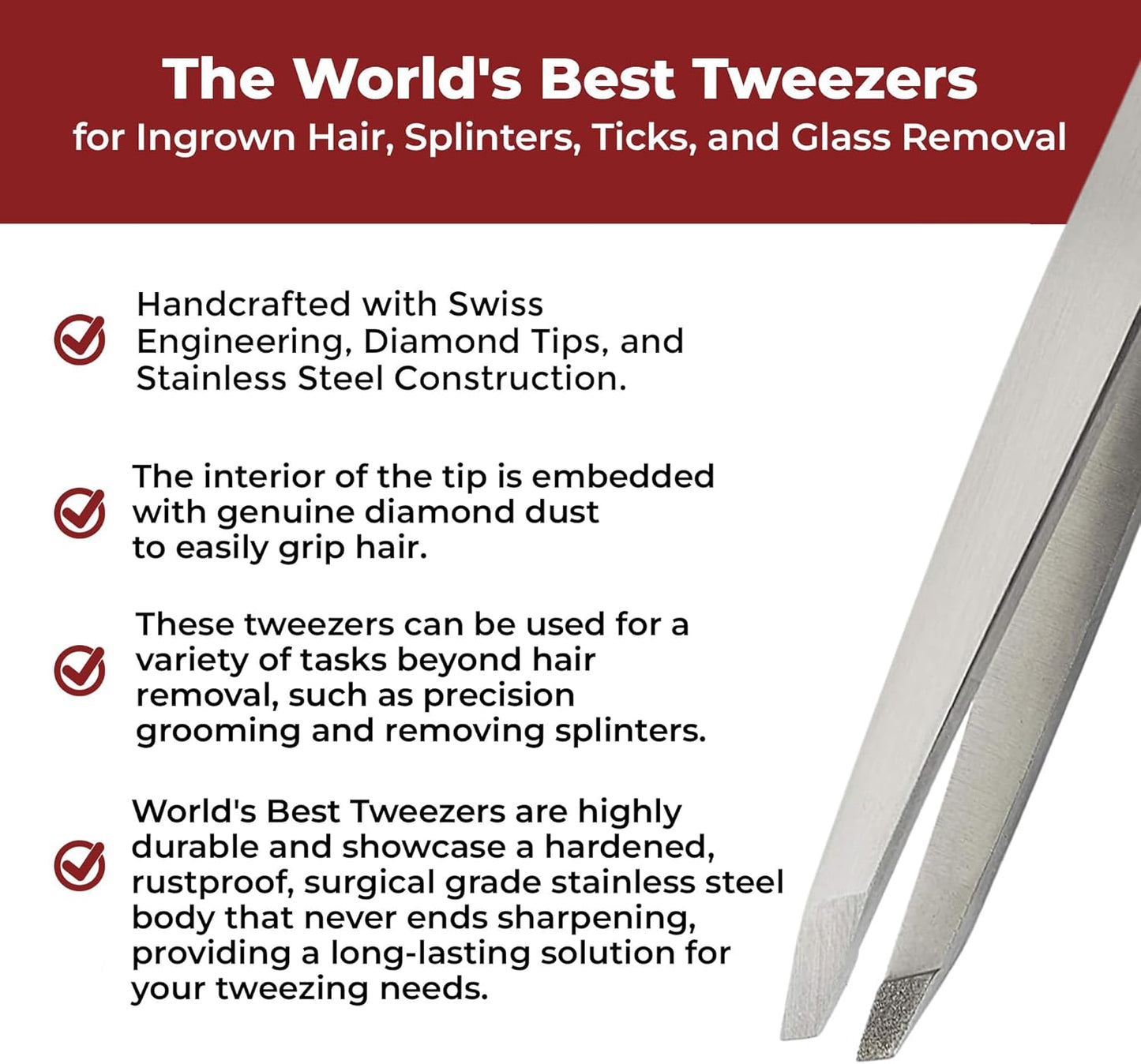 Diamond Tip Tweezer - Precision Slant Tips for Eyebrow & Facial Hair Removal | Surgical Grade Steel Tool