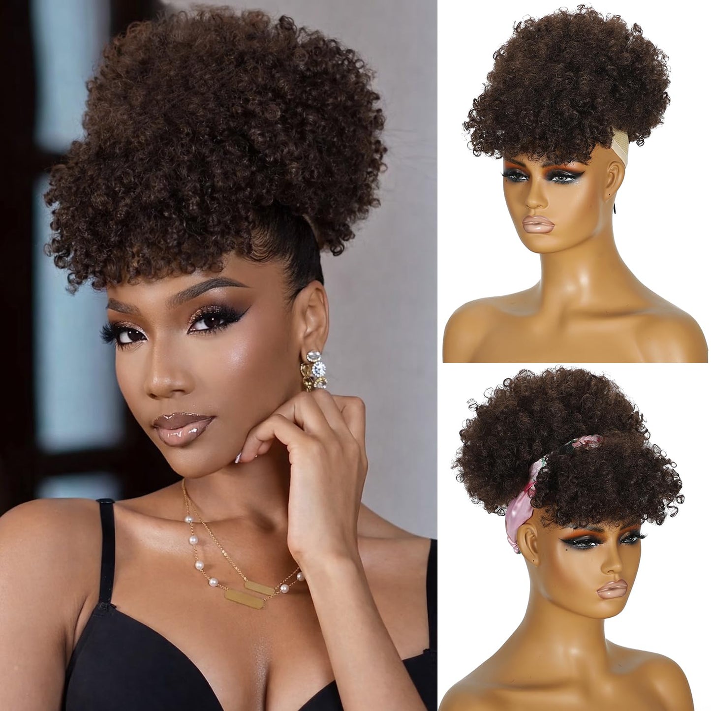Afro Puff Drawstring Ponytail - Short Dark Brown Kinky Curly Extension | Fluffy Updo for Black Women