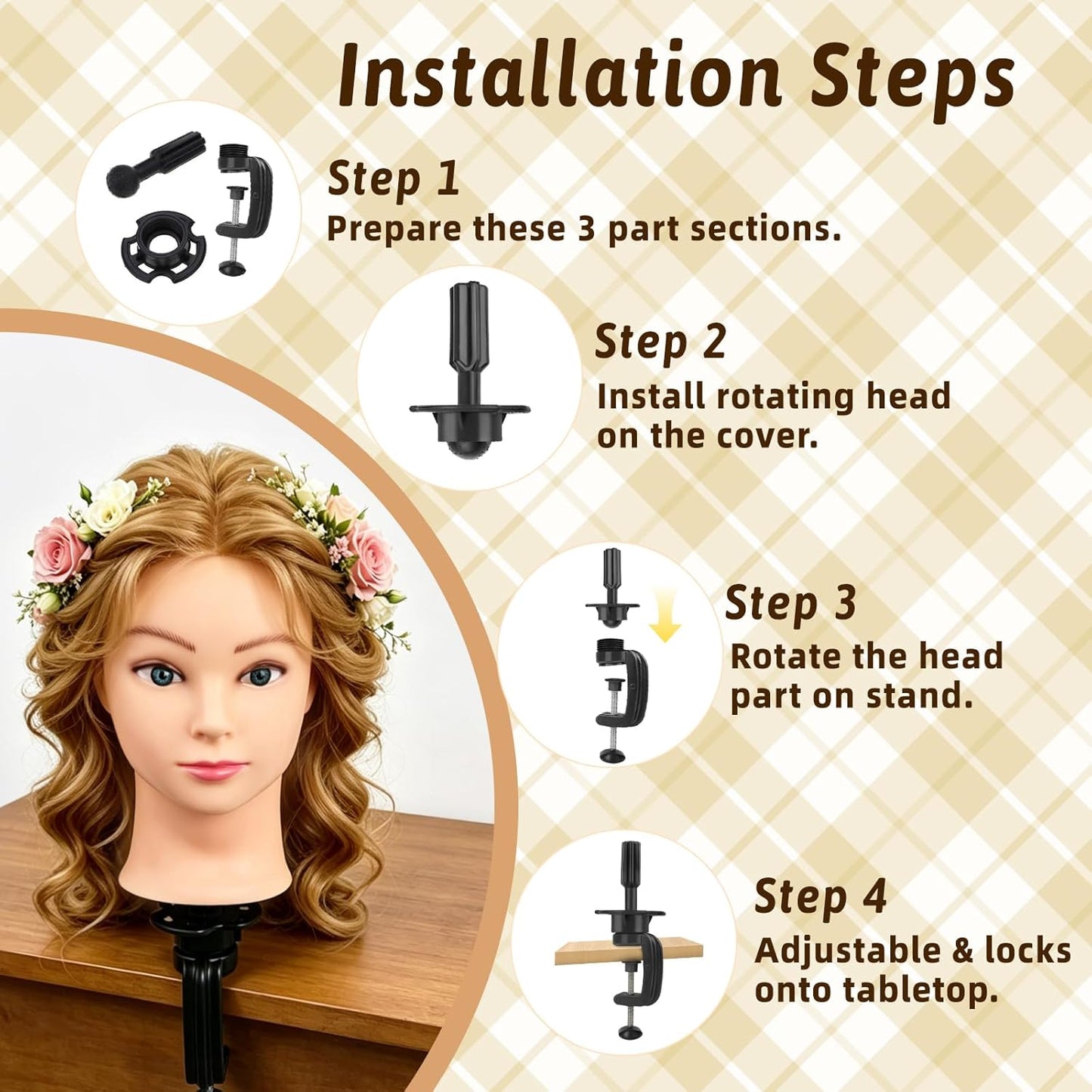 Mannequin Head - 90% Human Hair Styling Head for Cosmetology | 24" Hairdressing Training Doll with Table Clamp (Gold B)