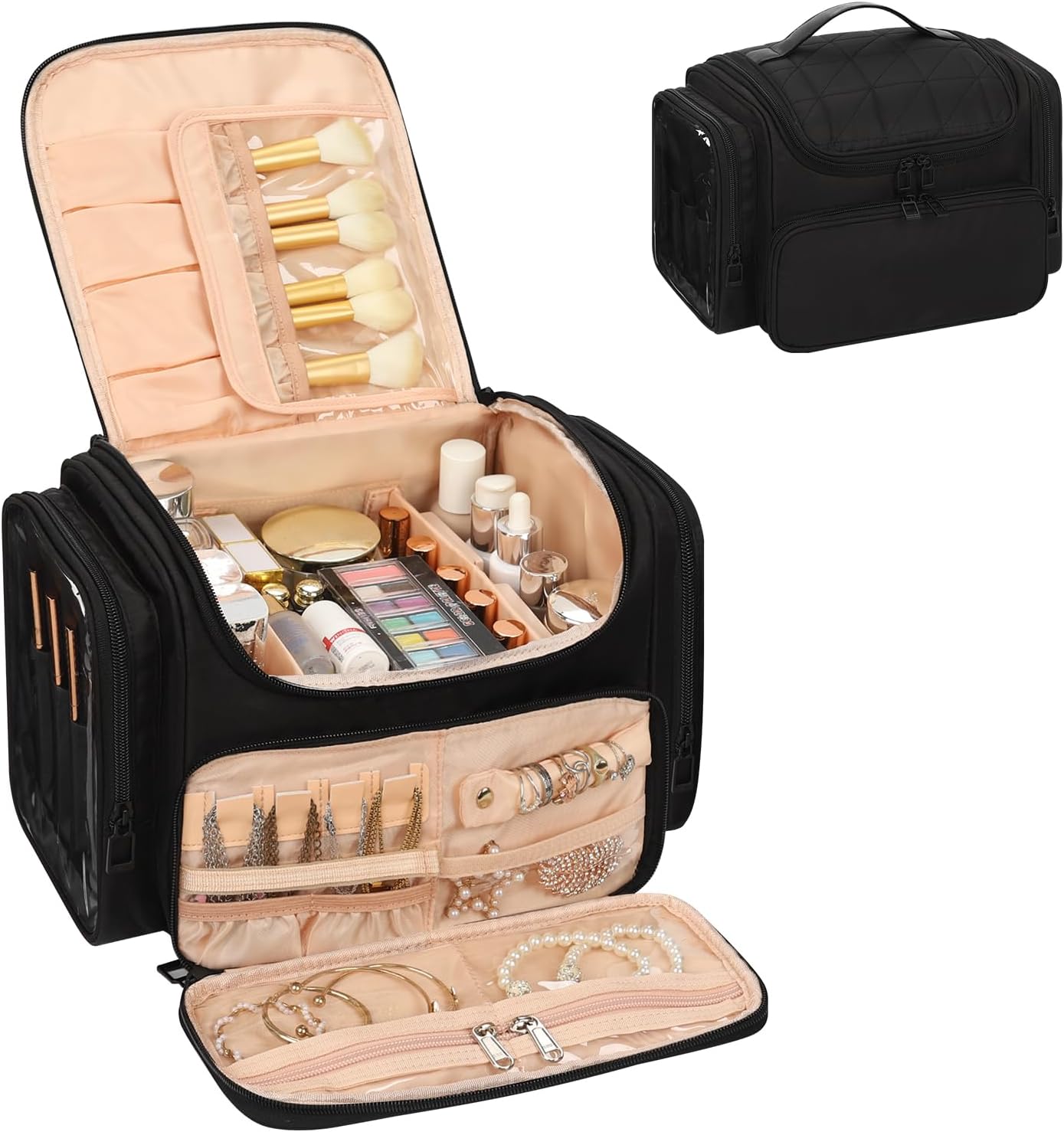 Large Makeup Bag Organizer for Women - Portable Travel Cosmetic Bag with Brush Compartment & Side Pockets | Black