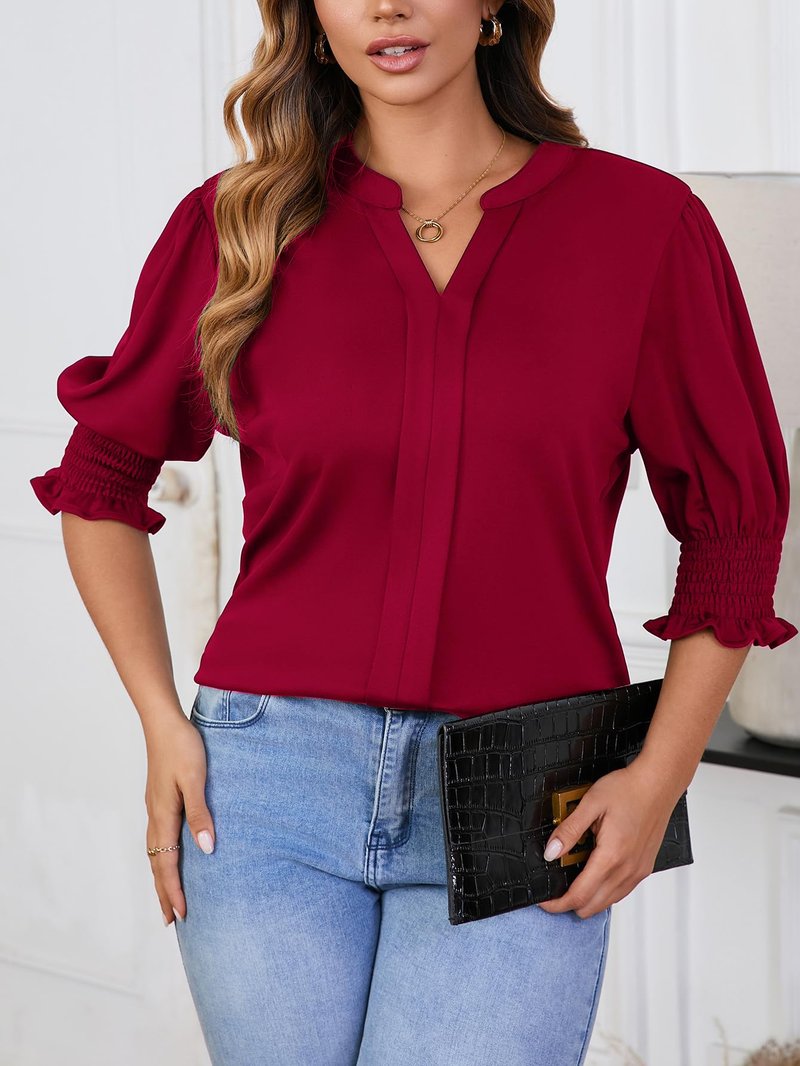 Tewsut Womens Plus Size Tops Oversized T Shirts Dressy V Neck Summer Blouses Casual Tunic Puff Short Sleeve Tops 1X-5X Burgundy