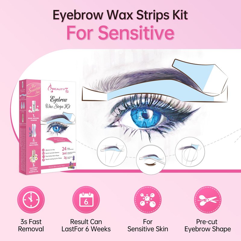 Beauty7 Sensitive Eyebrow Wax Strips, Eyebrow Waxing Strips 24 Strips with Pearl Powder Essential Oil for Sensitive Skin for Women
