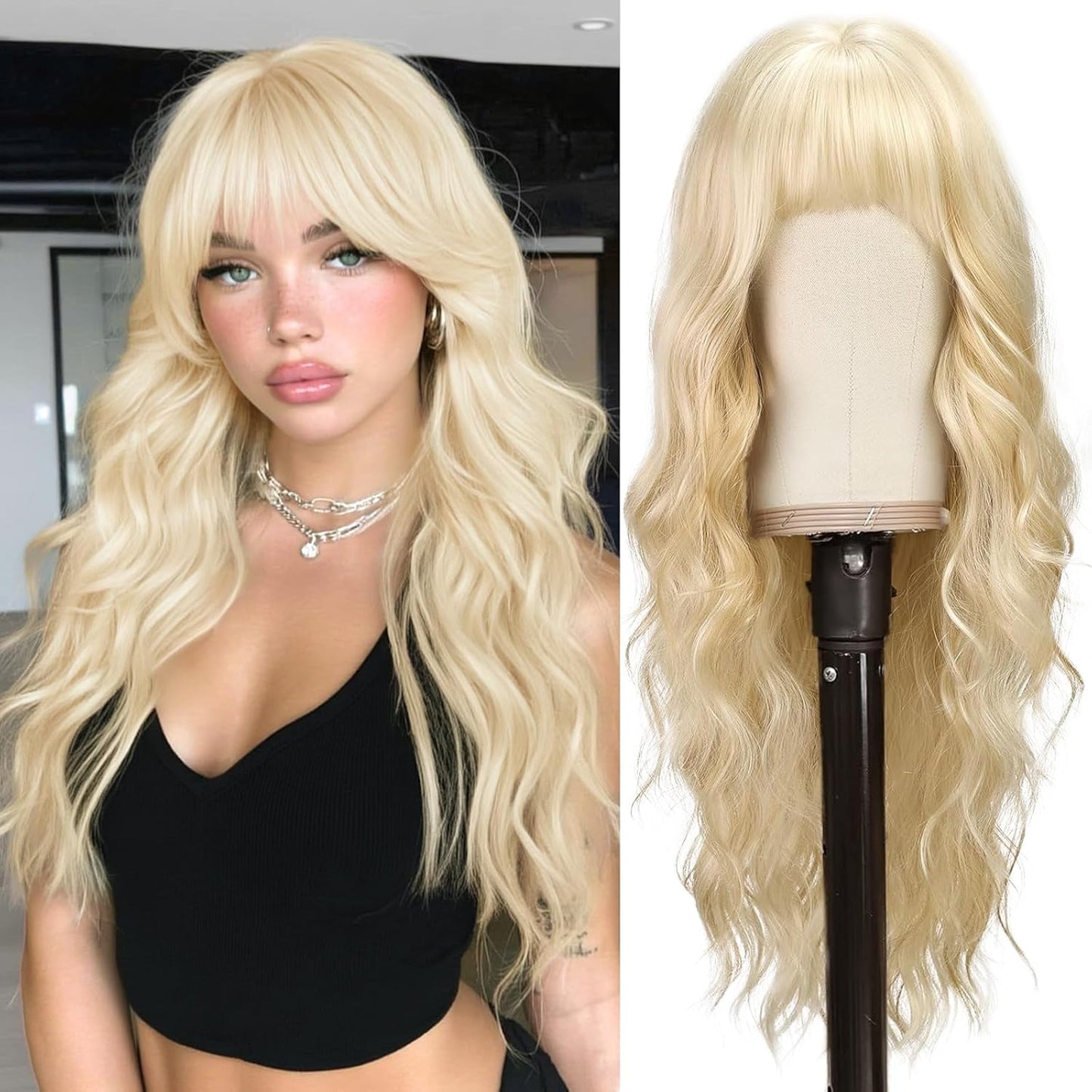 Long Wavy Blonde Curtain Bangs Wig - 26" Synthetic Ombre Wig with Dark Roots | Soft Natural Look