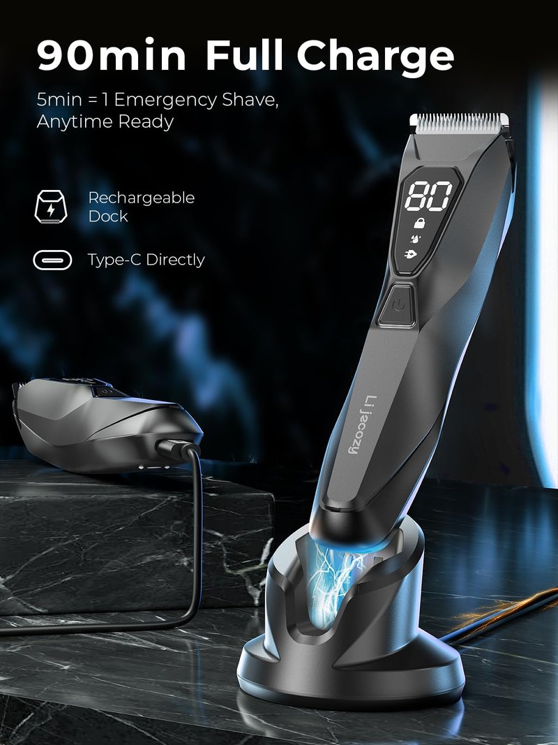 Lijecozy Pubic Hair Trimmer for Man - Cordless Body Hair Trimmer for Men - Electric Ball Shaver with Display & Light - Waterproof Wet/Dry Groomer kit for Groin - 4000K Light - Cosmic Black