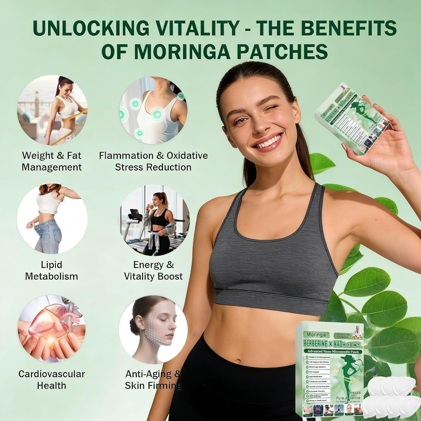Moringa 10-in-1 Nano Microdarts Patch - Advanced Natural Body Patches for All Skin Types | Green - 2 Sets