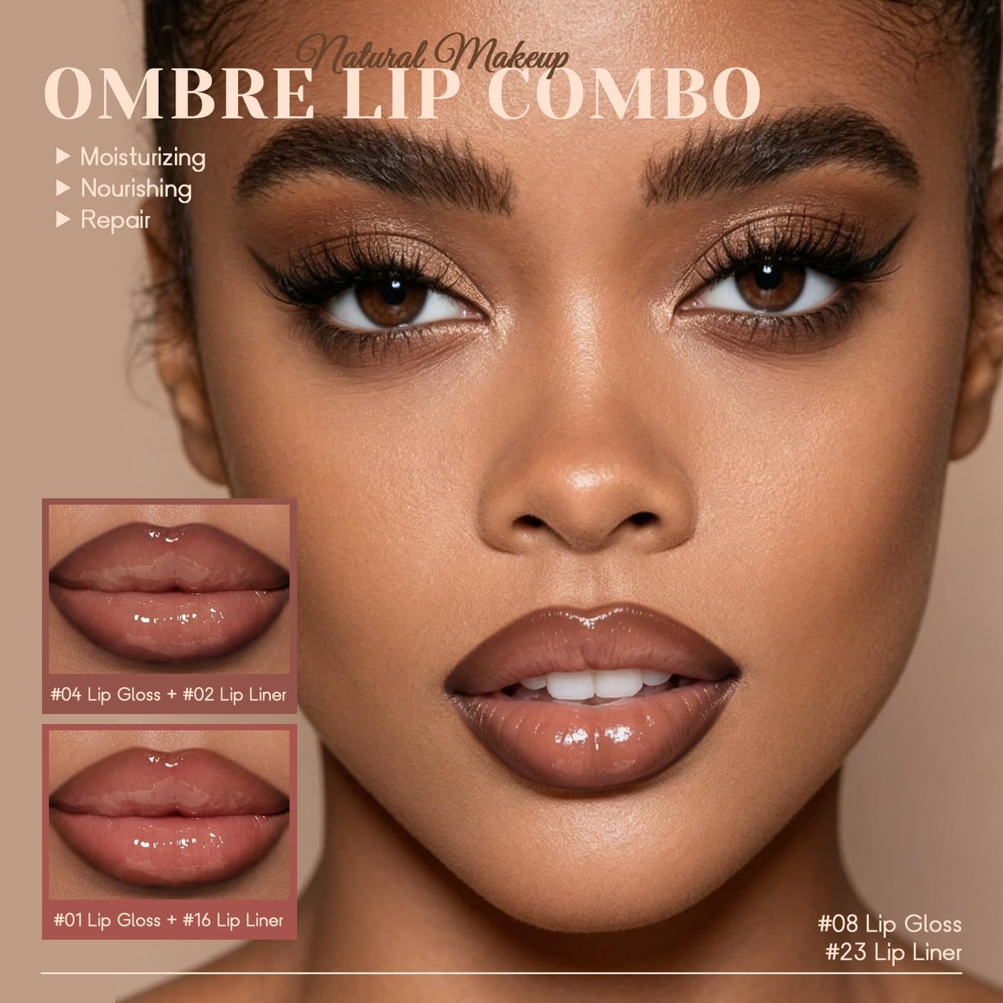 Noerrors 6pcs Natural Nude Lip Combo Sets, Moisturizing High Shine Lip Kit with Creamy Brown Lip Liner and Long Lasting Nourishing Gloss for Women, Plumping Fresh Glossy Effect for Volume Lips Makeup