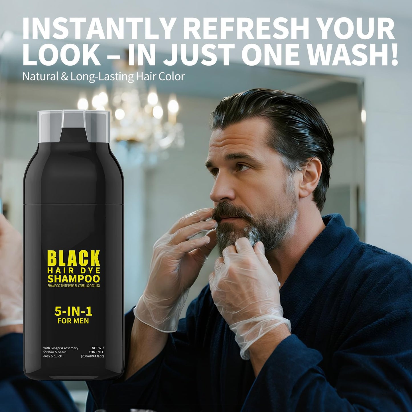 Gowwim Men's Beard Dye & Hair Dye Shampoo - Semi-Permanent Beard Dye Black, 15 Minute Natural Beard & Mustache Coloring Shampoo