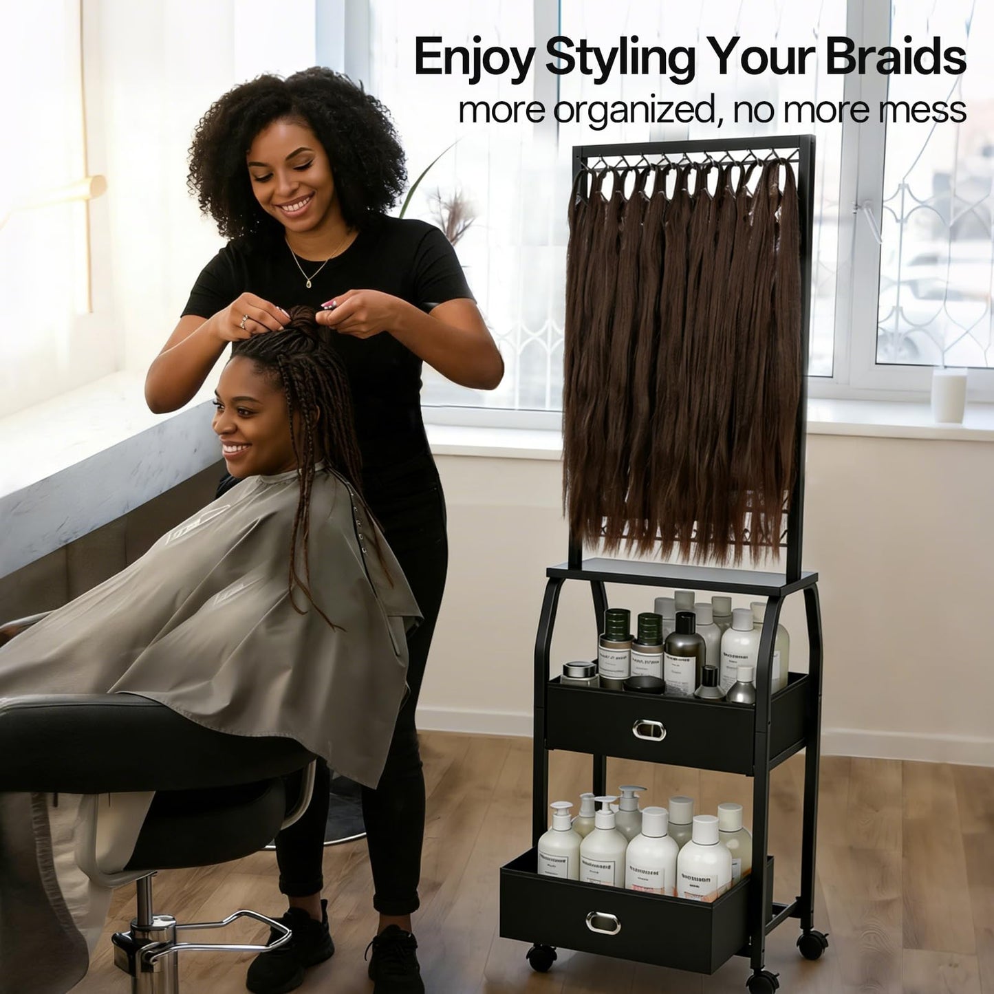 Portable Braiding Hair Rack with Wheels & Storage Drawers,2-Sided 288 Pegs,Hair Extension Holder Hanger for Braiding Hair Separator Stand Display,Hair Rack with Stylist Hair braiding Tools (Black)