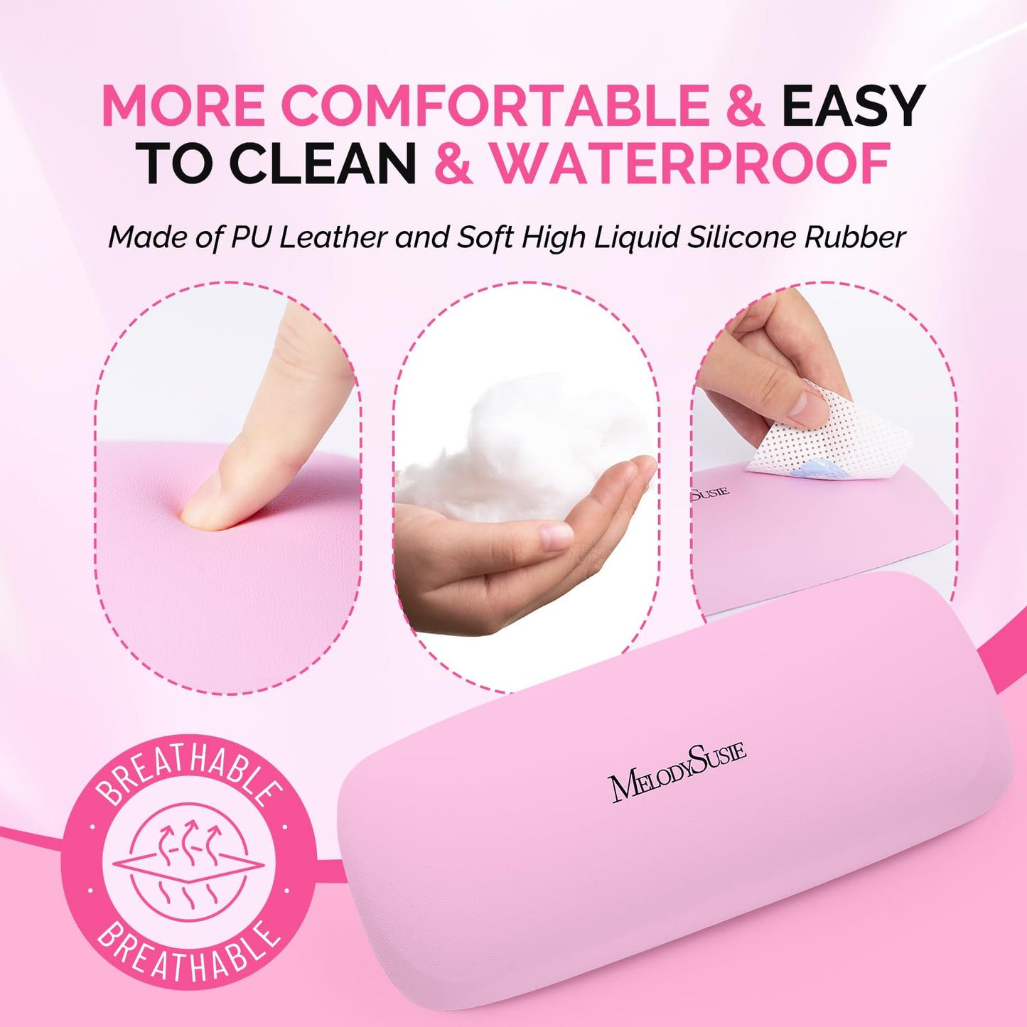 MelodySusie Nail Arm Rest, Soft PU Leather Wrist Support Cushion, Portable Hand Rest for Acrylic Gel Nail Art, Easy-Clean for Home Salon Travel, Pink