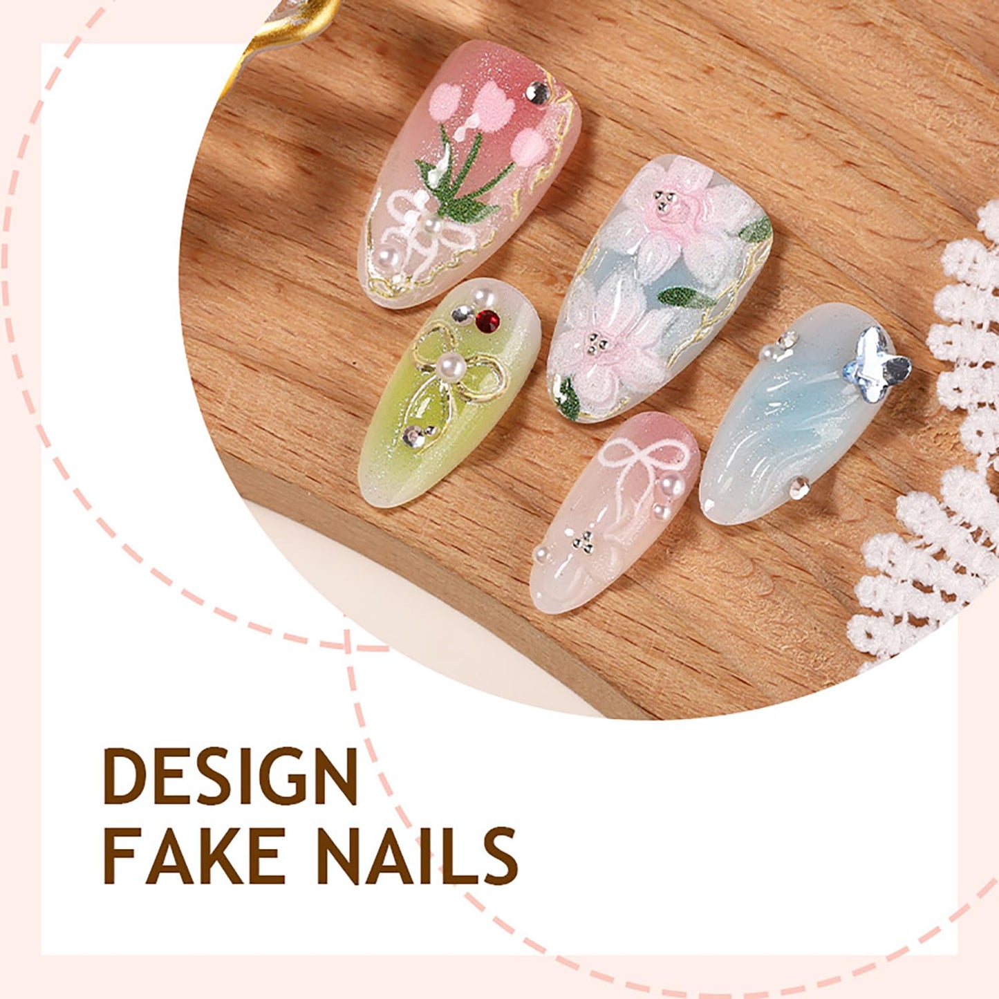 Medium Almond Press-On Nails - 30 Pcs Butterfly Pearl Rhinestones & 3D Flower Designs | Cute Floral Acrylic Full Cover