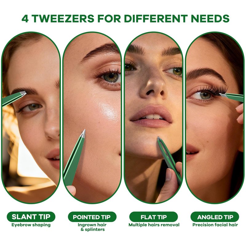 VANWIN Tweezers Set, 4 Pack Professional Stainless Steel Precision Tweezers with Slant, Pointed, Flat & Angled Tips for Eyebrow, Facial Hair, Ingrown Hair, Splinter & Blackhead Removal for Women & Men