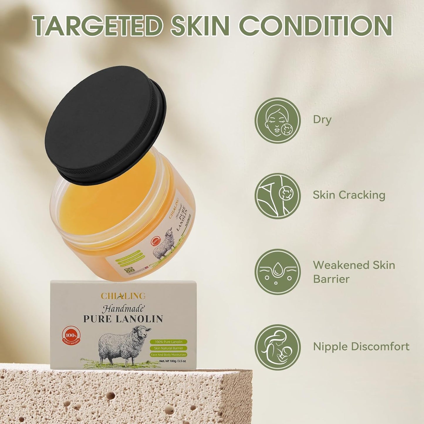 CHIALING 100% Pure Australian Lanolin Cream - USP Grade Moisturizer for Dry Skin, Eczema & Nipple Care | Unscented, 3.5 oz