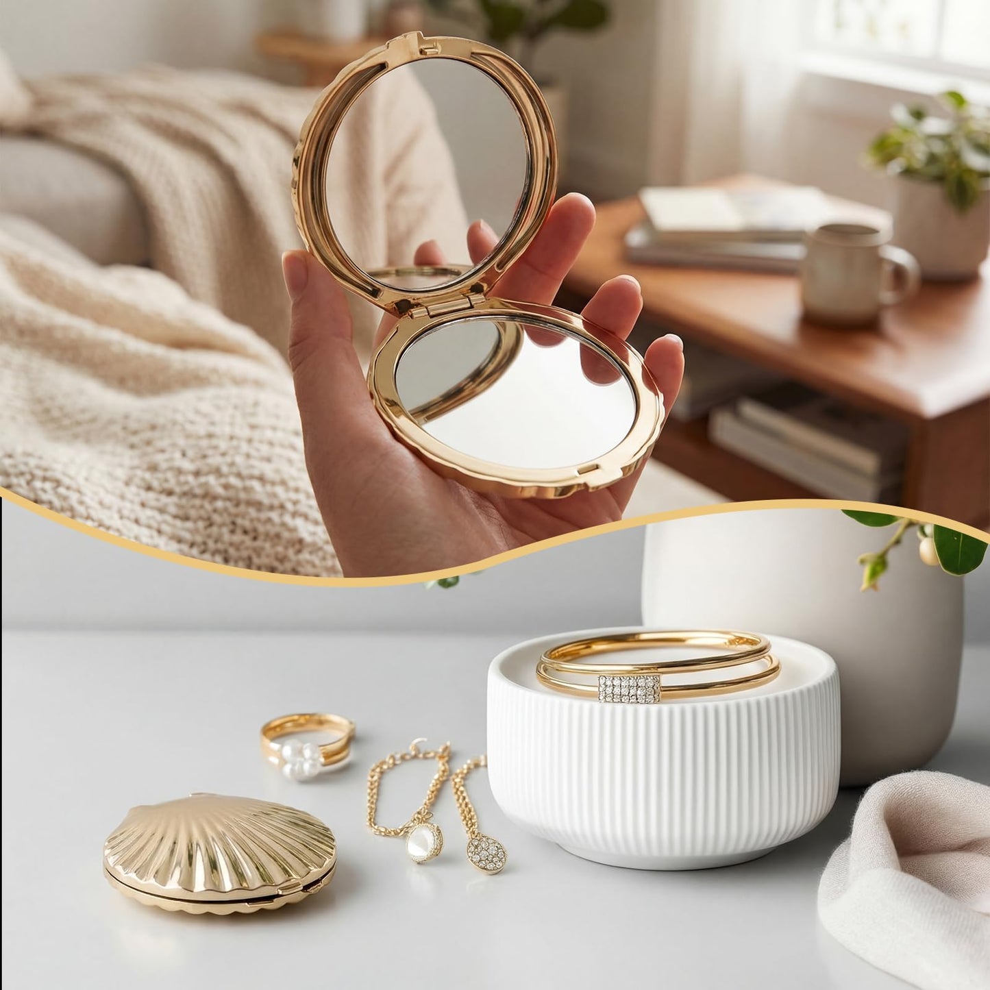 Novabright 1 Pcs 2.7 Inch Gold Sea Shell Compact Mirror Double-Sided Makeup Small Mirror for Purse with 1x/2x Magnification for Travel, Bathroom, Makeup, Beauty, Grooming, Plastic