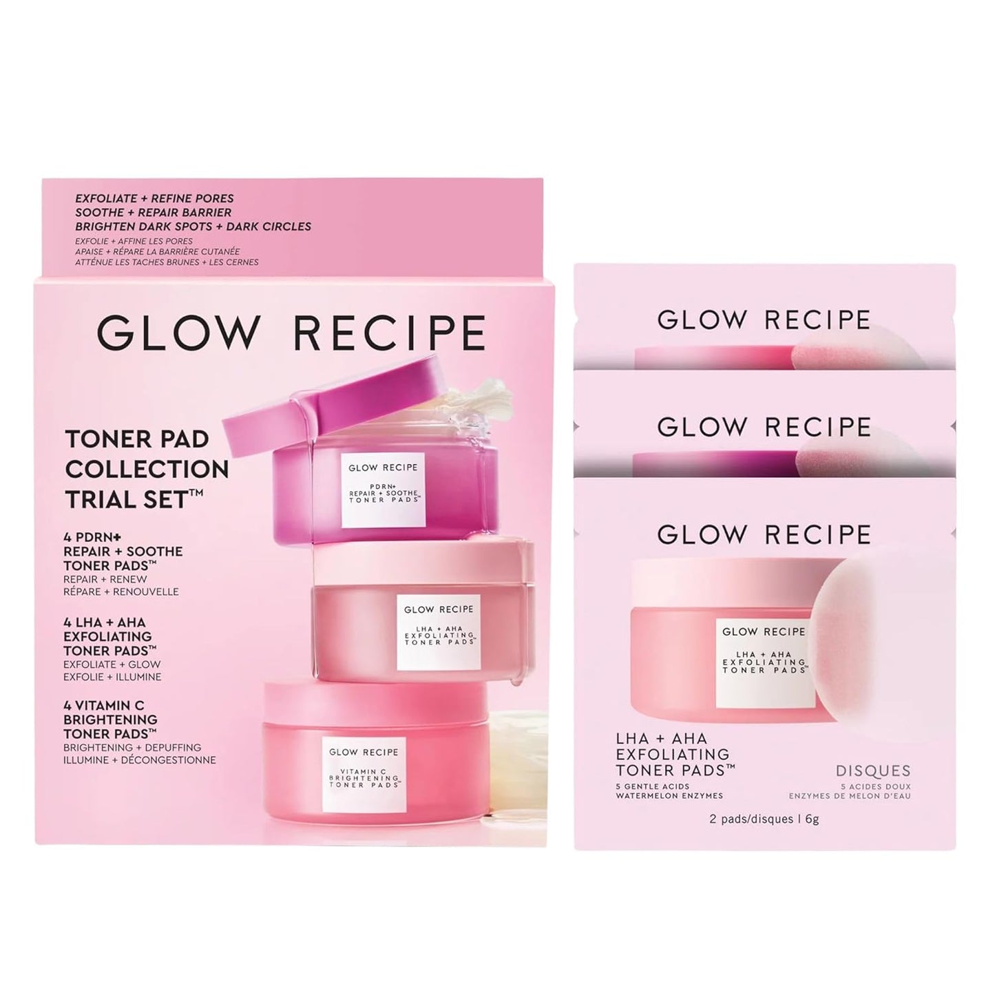 Glow Recipe Toner Pads Kit - 12-Piece Korean Exfoliating & Soothing Facial Treatment | Fragrance-Free for Sensitive Skin