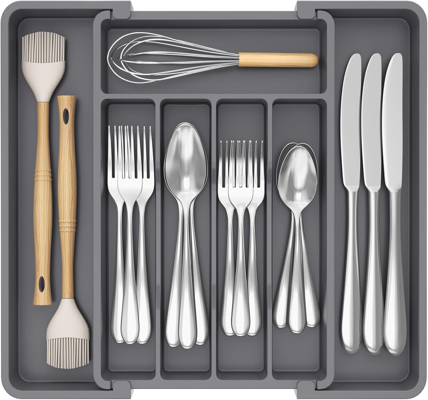 Expandable Silverware Organizer - BPA-Free Plastic Utensil Tray for Kitchen Drawer | Space-Saving Cutlery Holder, Black, 8.5-14 x 12 x 1.5 Inch
