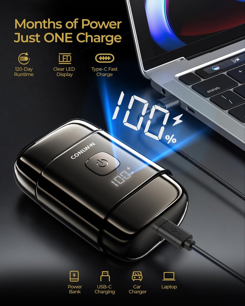 CONLWIN Electric Foil Shavers for Men, Self-Clean Mini Electric Razor with 3D Floating Blade, 2-Way Magnetic Cap Travel Shaver, USB-C Fast Charge, Waterproof Wet/Dry for Face Beard Neck, Model FK-712B