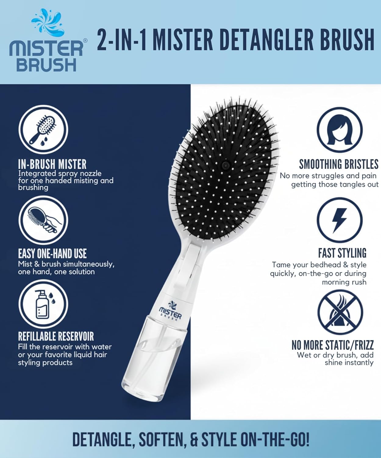 Mister Brush 2-in-1 Hairbrush with Water Reservoir - Innovative Mist & Brushing Tool for Wet & Dry Hair | No-Tangle Bristles, Easy to Use (Pink)