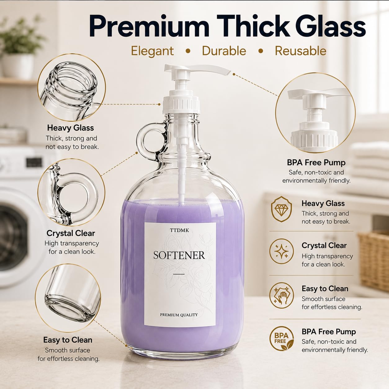 2 Pack Glass Laundry Detergent Dispensers, 64 oz Half Gallon Bottles