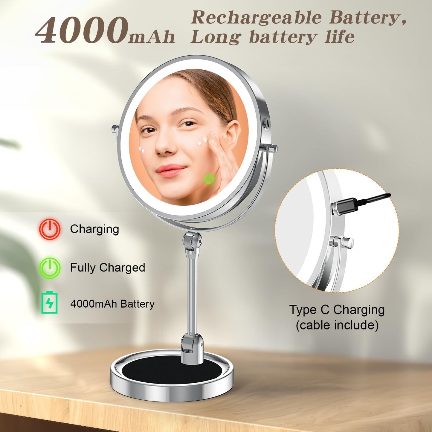 Rocollos Tabletop Makeup Mirror with Built-in Vanity Tray, 9" Rechargeable 4000mAh Lighted Vanity Mirror 1X/10X Magnification, Height-Adjustable Arm, 3 Color Dimmable (Nickel)