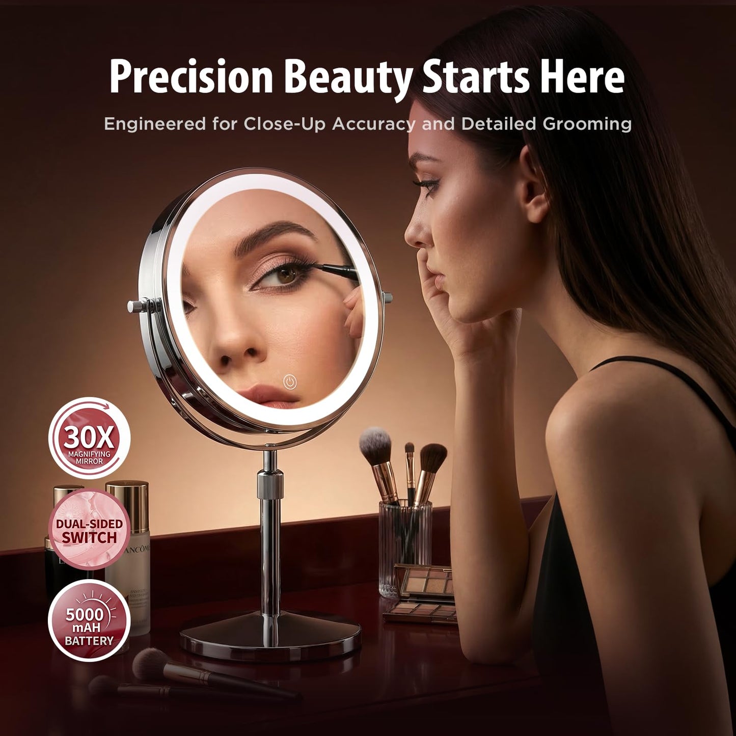 tubbede Makeup Mirror, 1X/30X Magnification with 3 Level LED Lights, 5000 mAh Rechargeable Double Sided 9” Magnifying Mirror with 360° Rotation, Perfect for Precision Grooming and Makeup, Women Gift