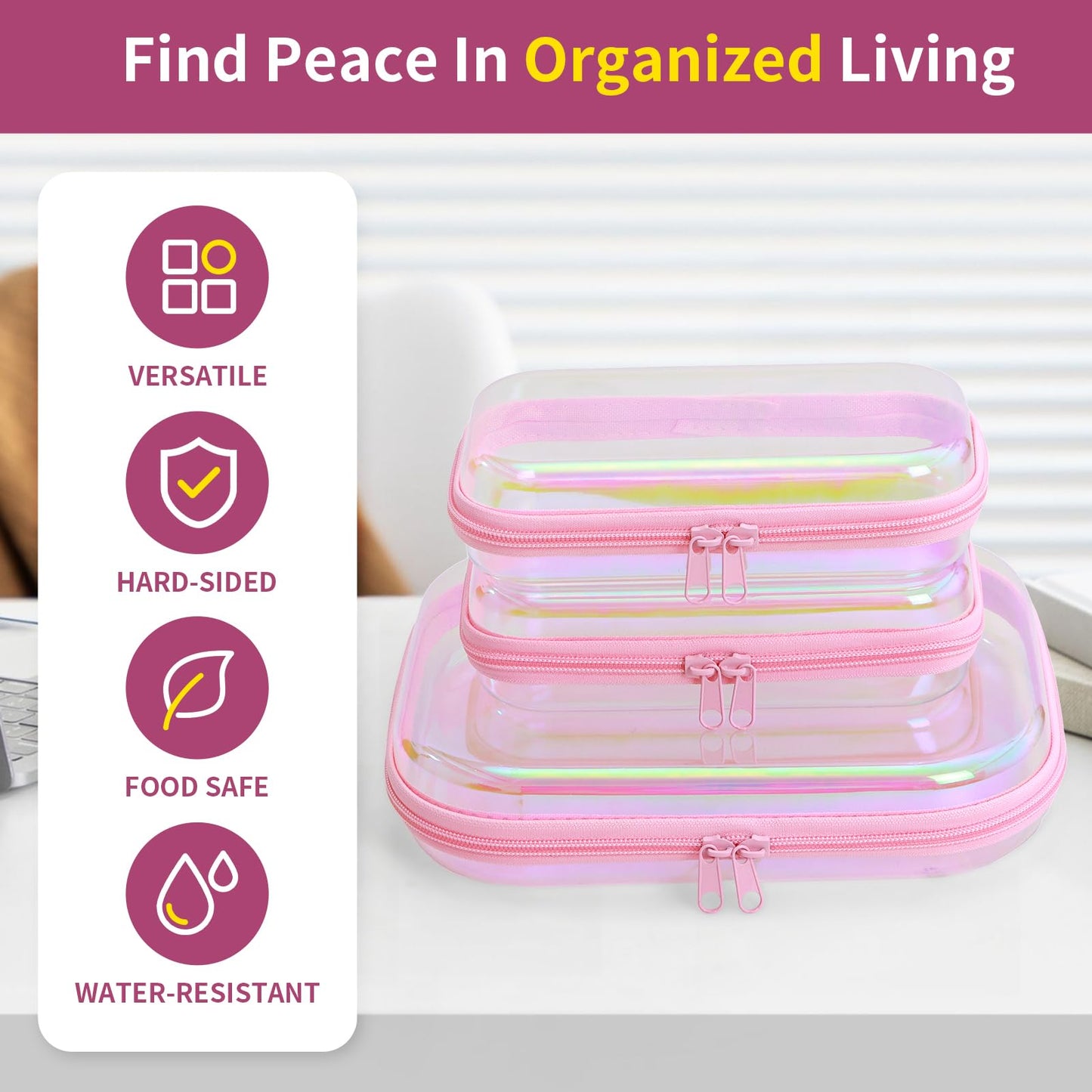 Clear Hard Shell Zipper Case, Surface scratch resistant material, Portable Cosmetic Bag with Zipper, Diaper Bag Organizing Pouches, Hard Plastic Case, Clear Bags for Organizing, Laser Pink （3 Pcs）