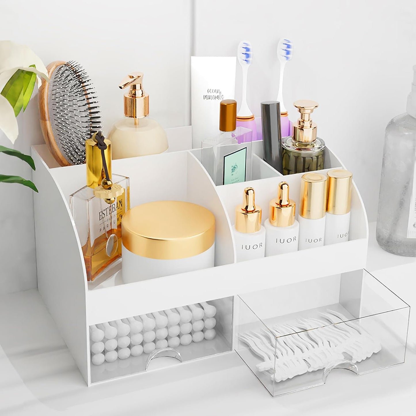 Makeup Organizer - Cosmetic Storage with Drawers for Vanity & Bathroom | White Beauty Holder for Lipstick & Brushes