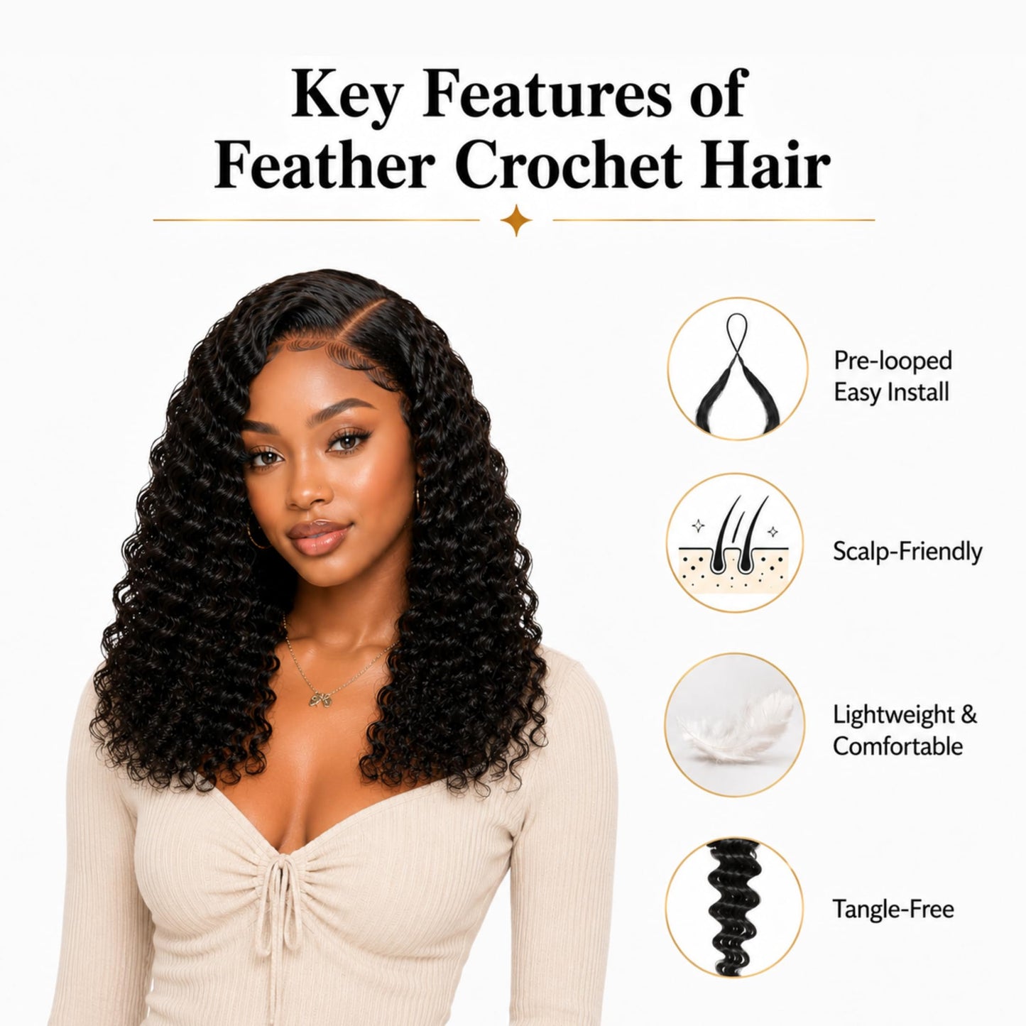 Bromobiz Miracle Knots Hair Feather Crochet Hair for Black Women Deep Wave Texture, 120g 100 Strands Synthetic Fiber, Lightweight and Pre-separated Crochet Hair (16inch, 1B)