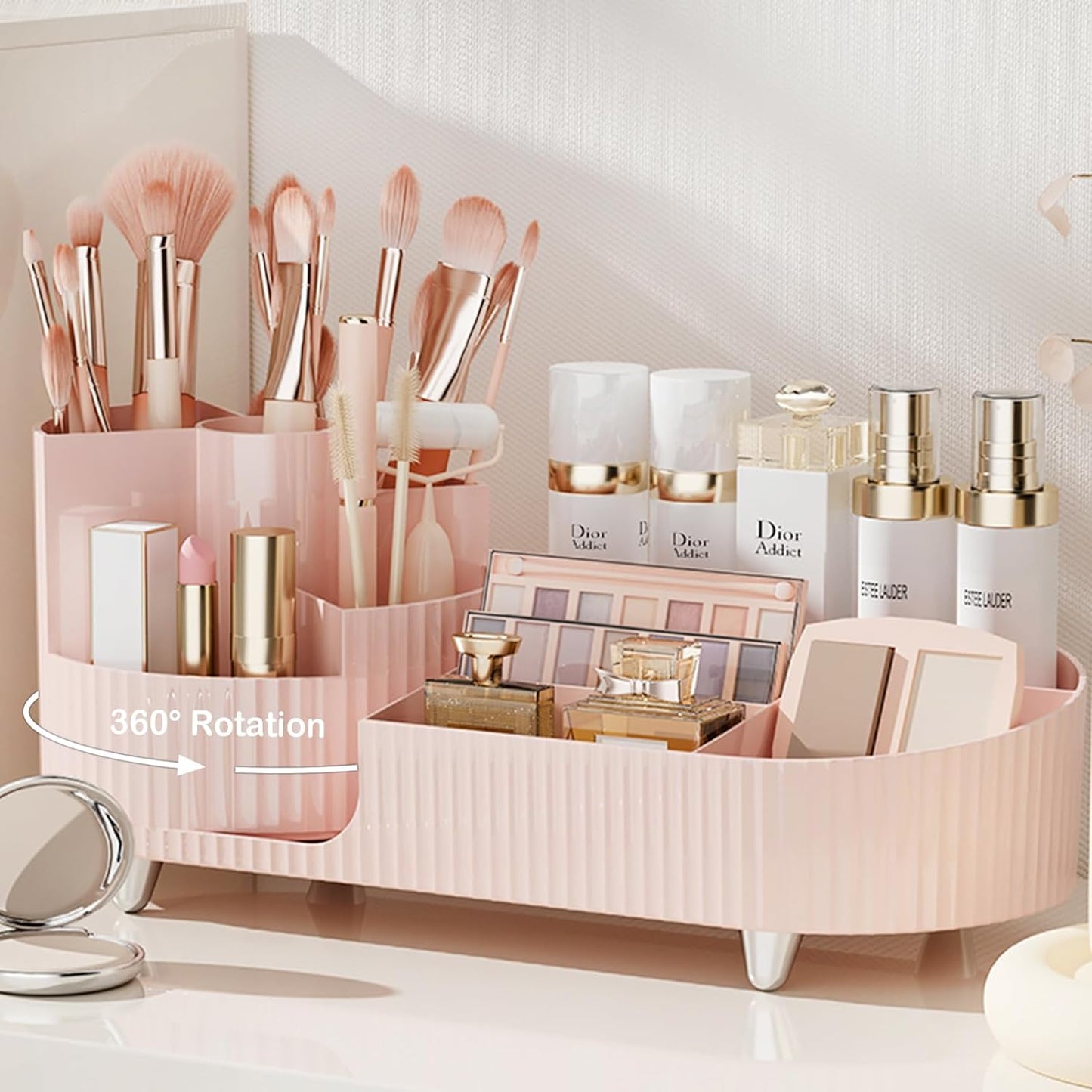Rotating Makeup Organizer - Large Spinning Vanity Storage with Brush Holder | Black Cosmetic Display Case