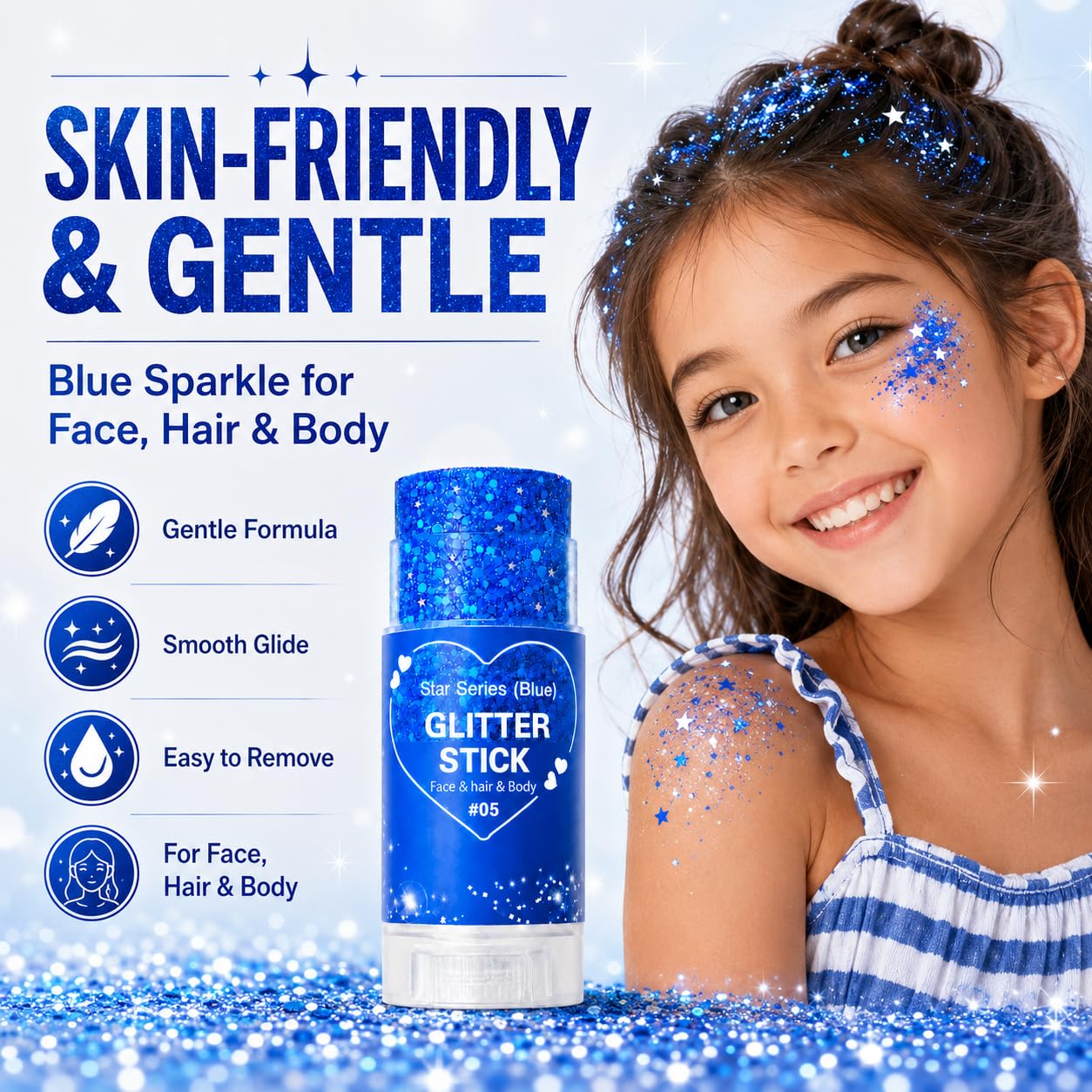 Blue Glitter Stick for Hair Face and Body, Blue Hair Glitter Makeup Stick with Chunky Sequins, Rave Carnival Concert Festival Accessories for Women, 4th of July Sports Game Day Glitter (05Blue)
