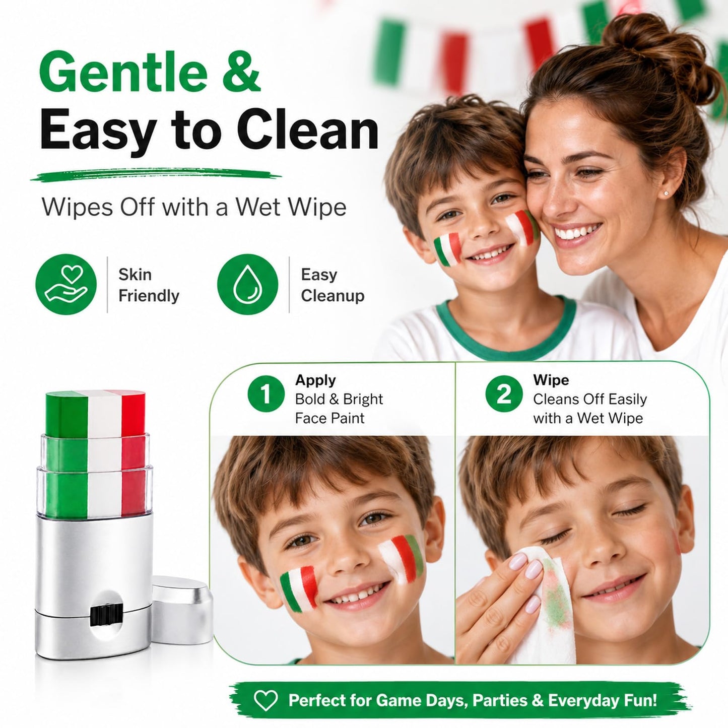 Paminify Mexican Eye Black,Mexico Green White and Red Patriotic Italy Flag Body Face Paint Stick for Fans,Waterproof Sport Face Paint for Soccer Baseball Softball Football Game Day Party,2 PCS