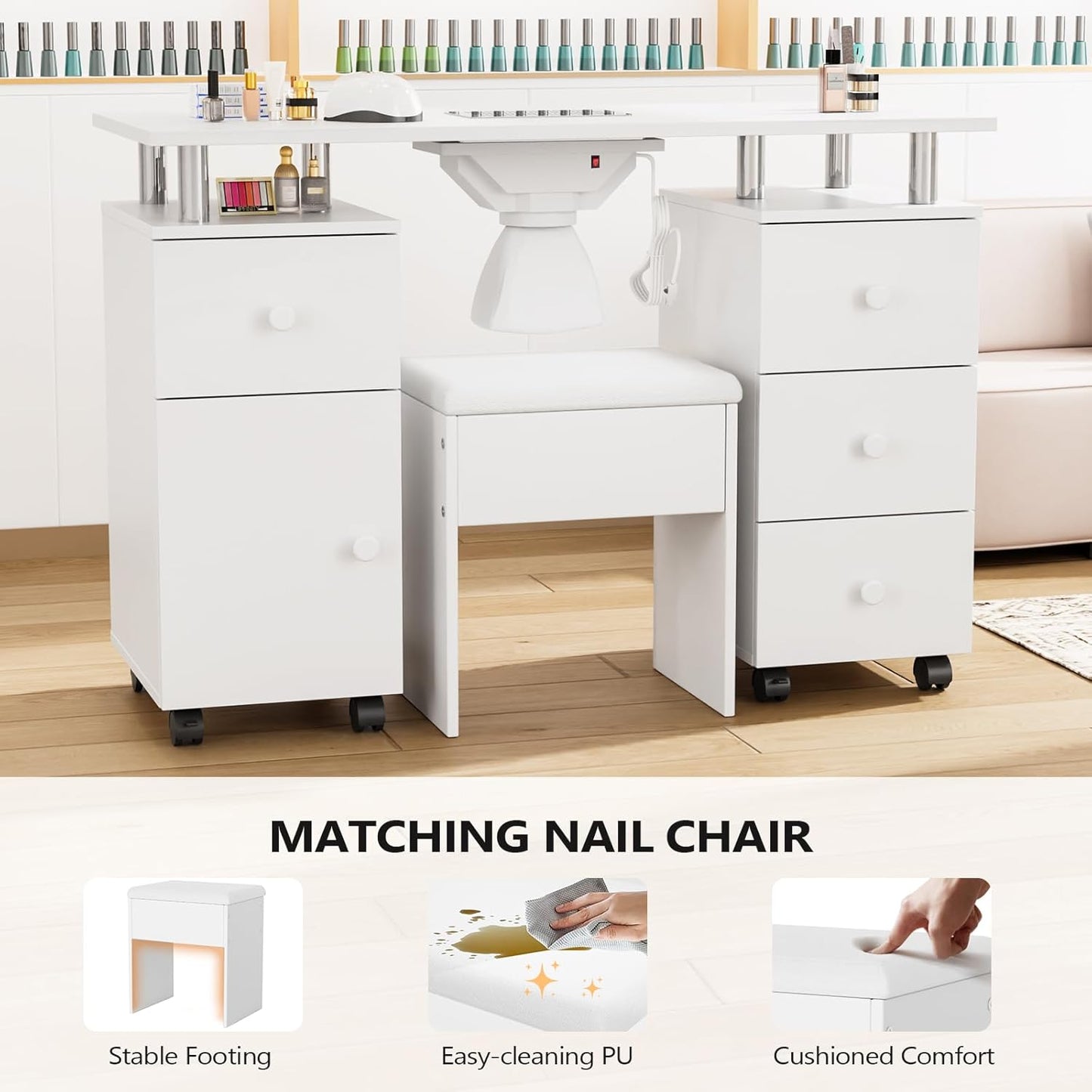 Nail Desk and Chair Set - Acetone Resistant Manicure Table with Dust Collector & Storage Drawers | White
