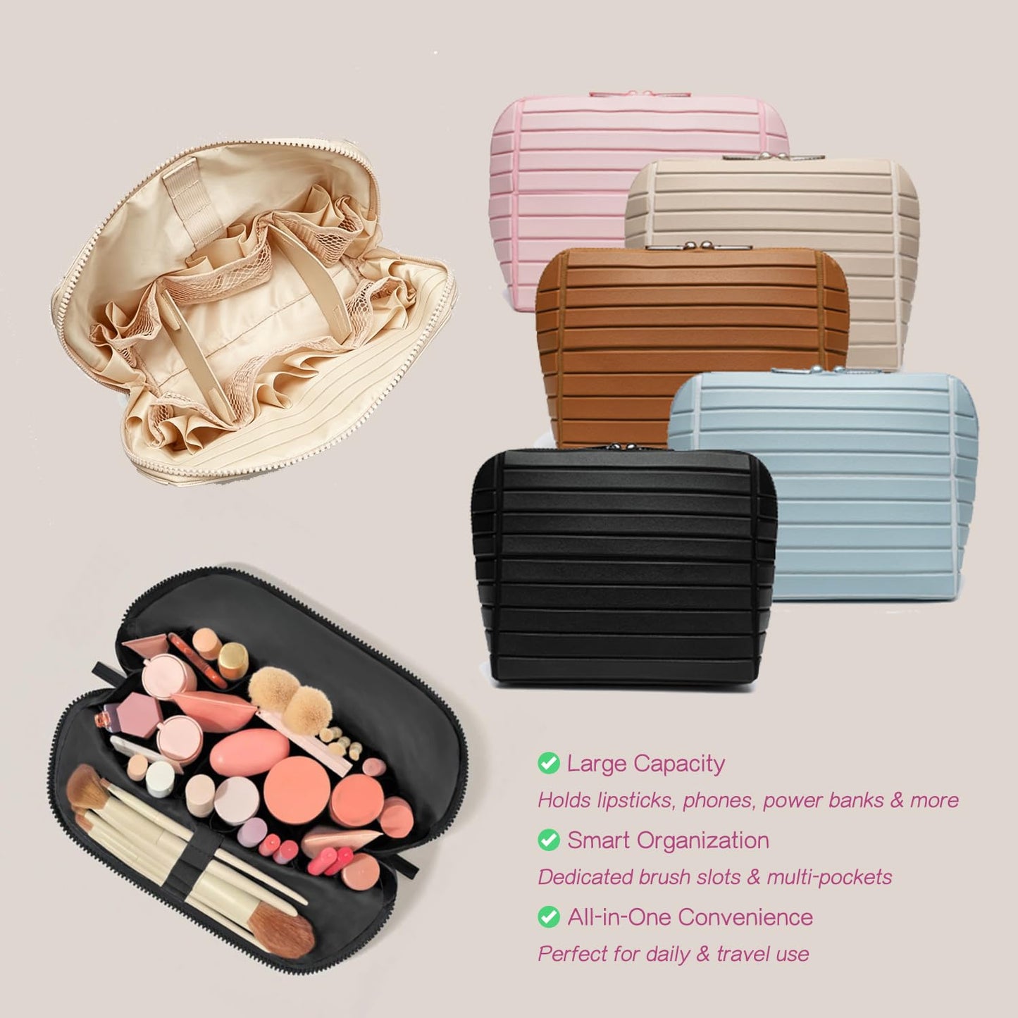 Slxypater Parallel Travel Makeup Bag,Foldable Makeup Bag,Waterproof Organizer Bags Large Capacity Flat Cosmetic Case with Compartments for Skincare, Toiletries (Nude, 7.87"×4.33"×7.09")