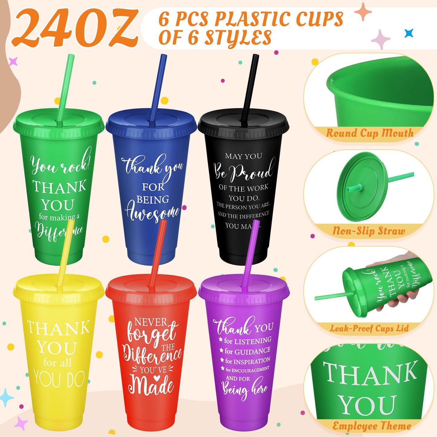 Funnymoom 24 Pcs Employee Appreciation Gifts Bulk for Women 24 oz Plastic Tumbler Cup Inspirational Makeup Cosmetic Bag Crew Sock Keychain Thank You Gift for Teachers School Staff Team Coworker
