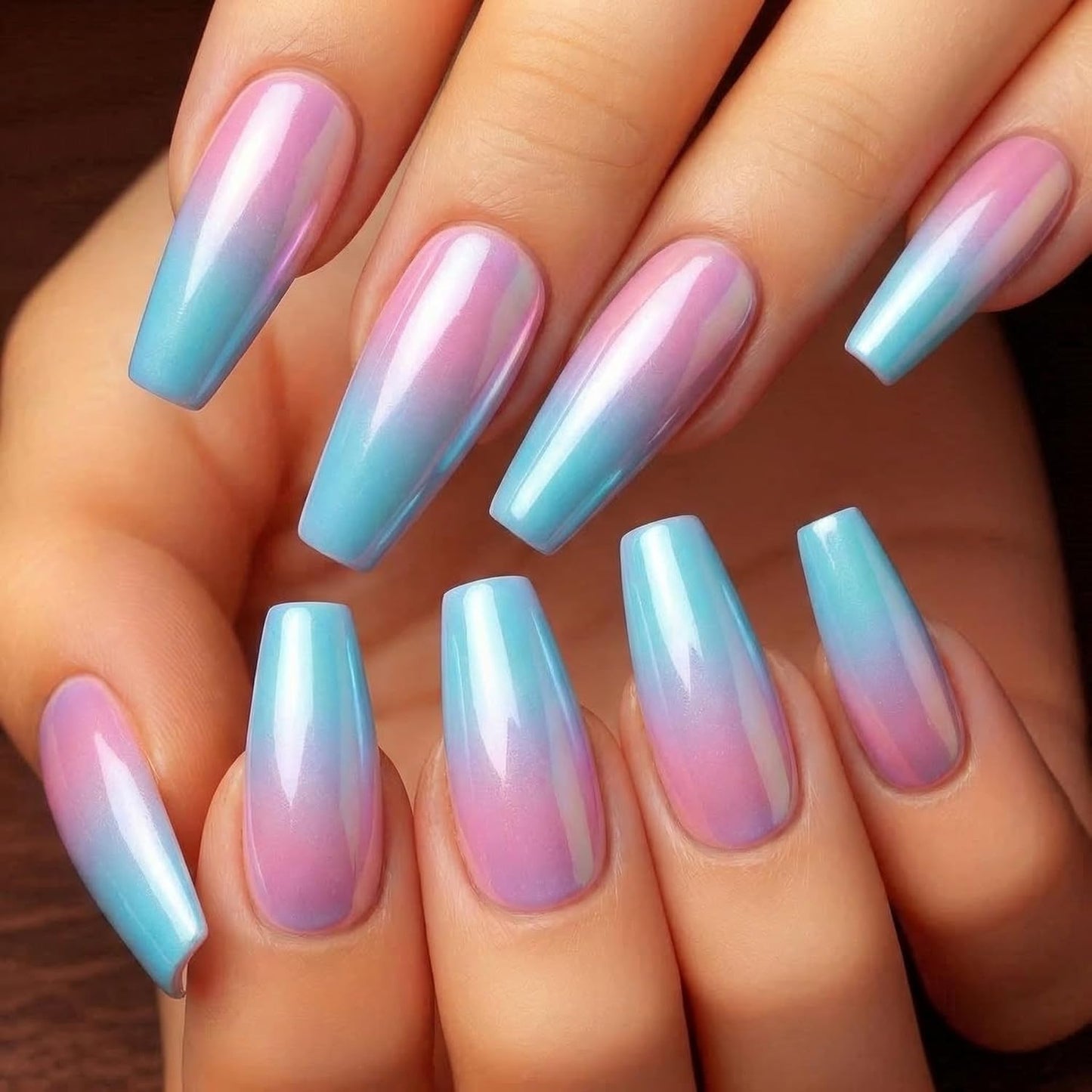 Press On Nails - Pink Blue Gradient Long Coffin Glossy Acrylic | 24 Pcs Reusable Full Cover for Summer Beach Wear