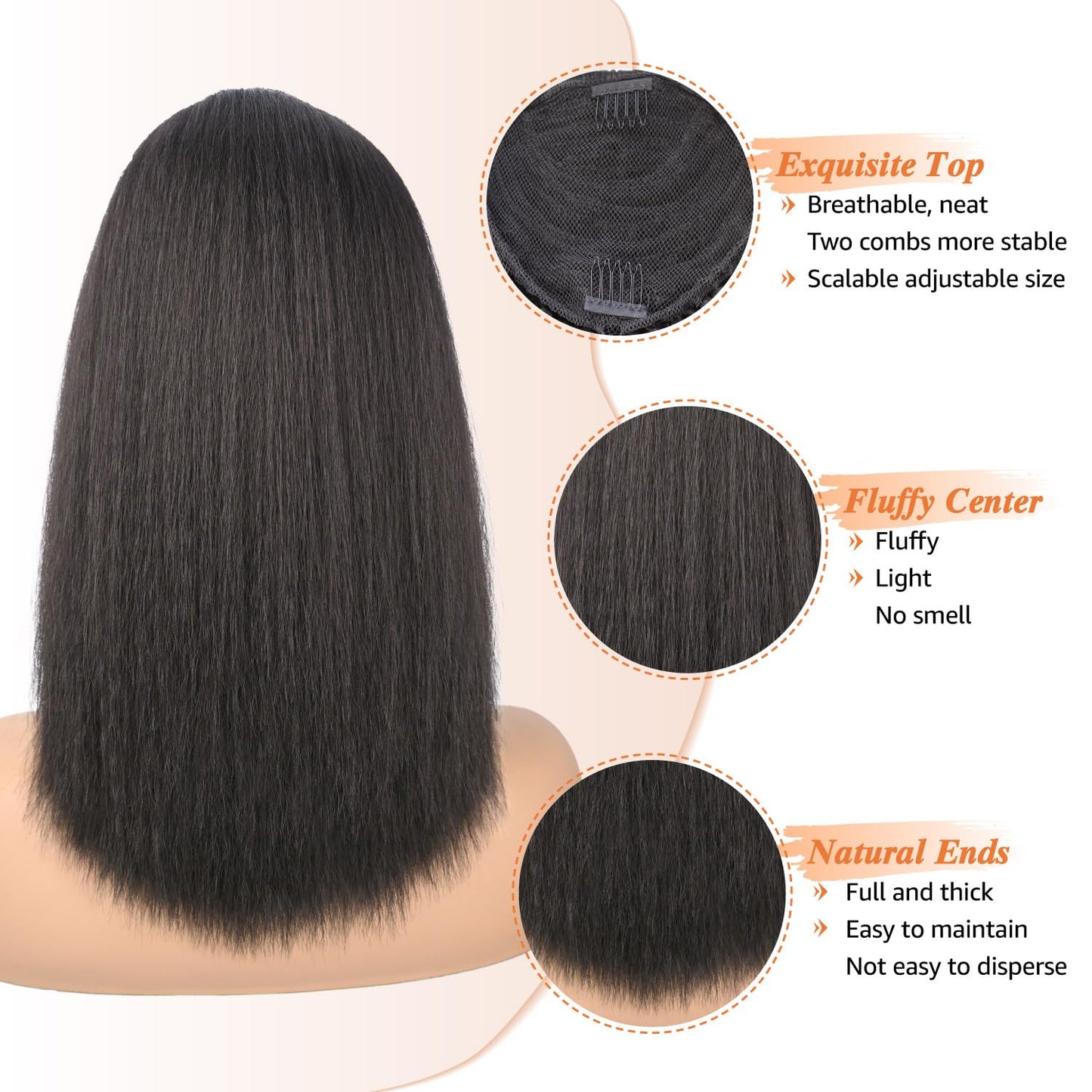Ponytail Extension with Bangs - Yaki Straight Synthetic Hairpiece | 16-Inch Clip-In for Black Women (Black Brown)
