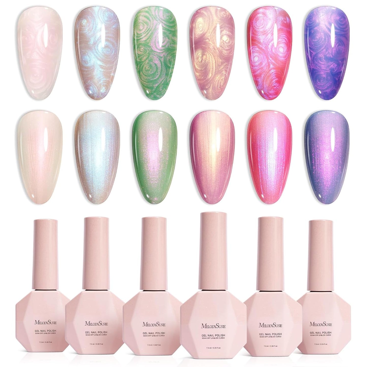 MelodySusie Cat Eye Gel Nail Polish Set - 6 Pcs Glitter Holographic Magnetic Polish | 0.26 Fl Oz Each