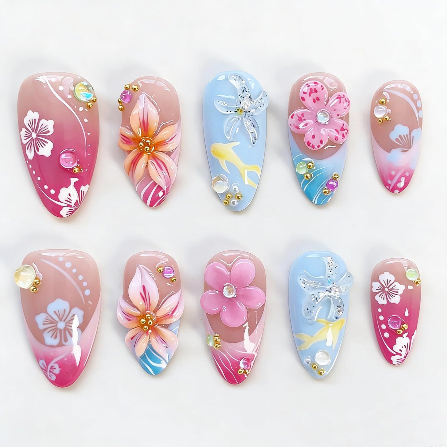 Independence Day Press-On Nails - 30Pcs Medium Almond Shape with 3D Red & Blue Bow Designs | Patriotic French Tip Full Cover