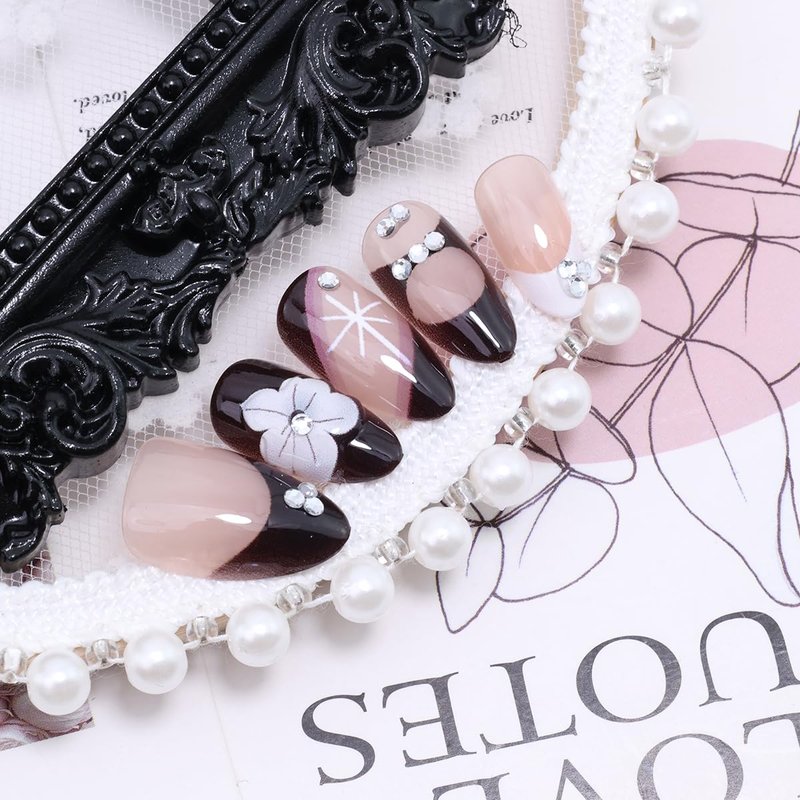 30Pcs Flower Press-On Nails - Medium Almond Black & White French Tip with Rhinestones | Reusable Acrylic Full Cover Set