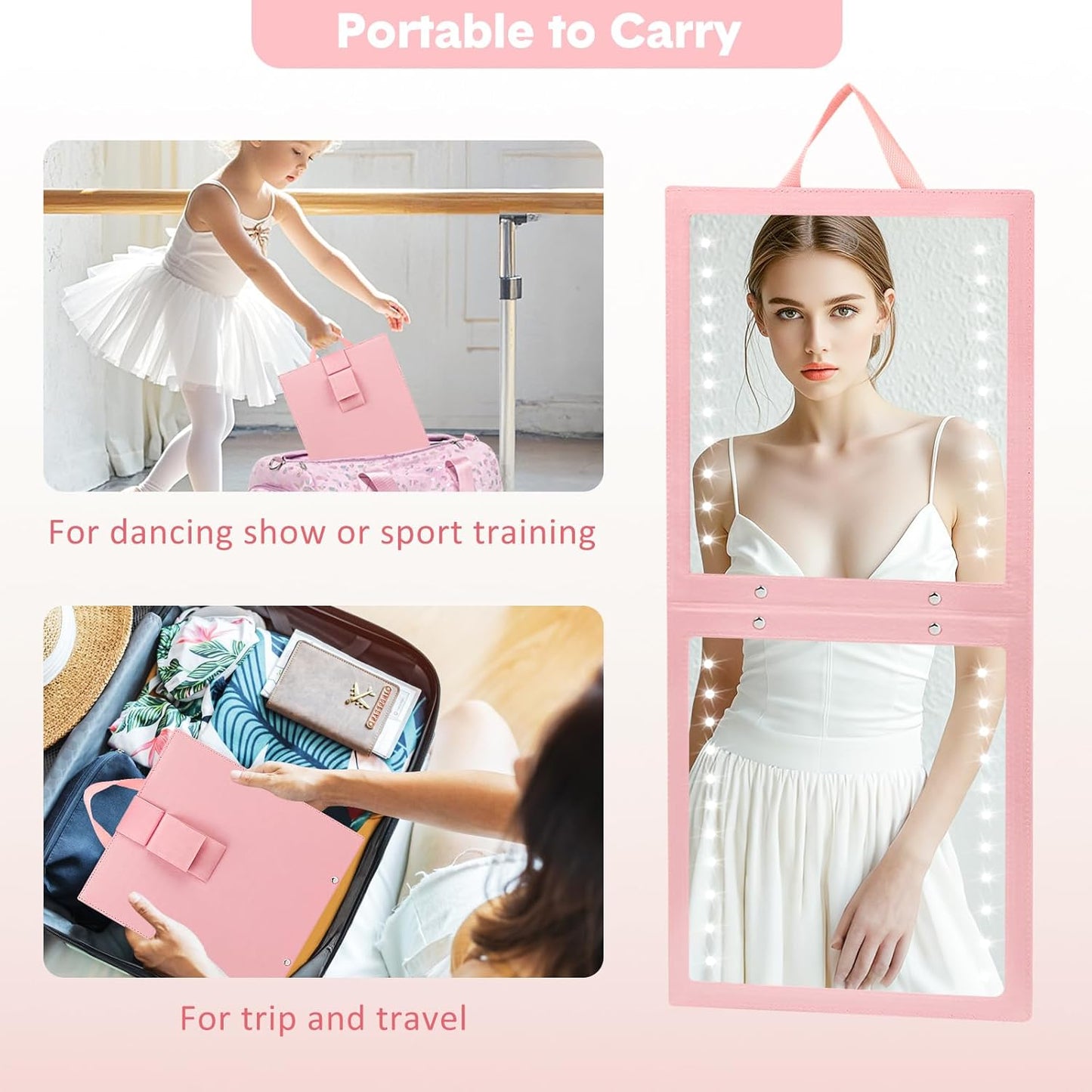 Lighted Hanging Mirror - Rechargeable LED Full Length Mirror with Adjustable Brightness | Portable Pink Travel Body Mirror for Dancers
