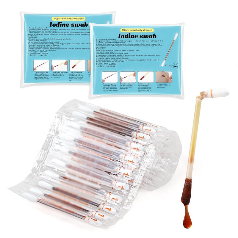 Disposable Iodine Swabs - Individually Wrapped Cotton Swabsticks for Wound Care | Pack of 200