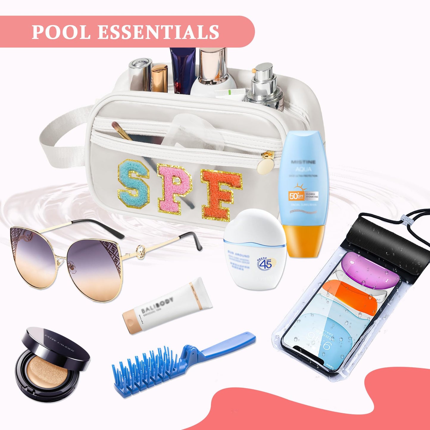 COSHAYSOO Clear Sunscreen Bag SPF Beach Vacation Essentials Waterproof Summer Pool Must Have Accessories for Women Teen Girls, Family Beach Day Organizer Toiletry Pouch Travel Gifts Preppy Letter