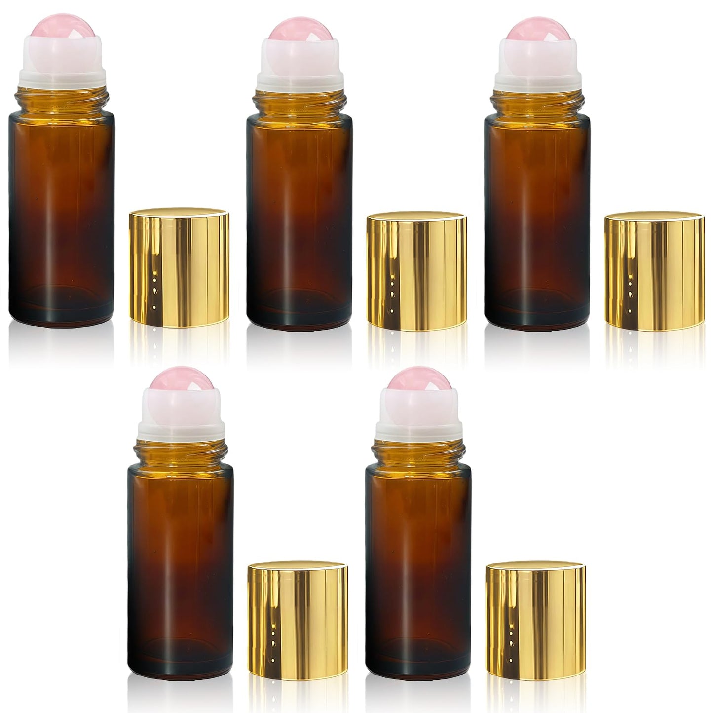 SilkGleam 5 Pack Amber Glass Essential Oil Roller Bottles, 50ml Rose Quartz Roll On Bottles with Natural Crystal Roller Balls, Leak-Proof Refillable Perfume Containers with Gold Caps for DIY & Travel