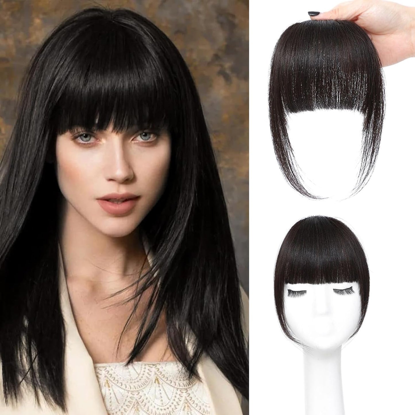 Clip In Bangs - 100% Real Human Hair Extensions | Natural Black Wispy Fringe for Women