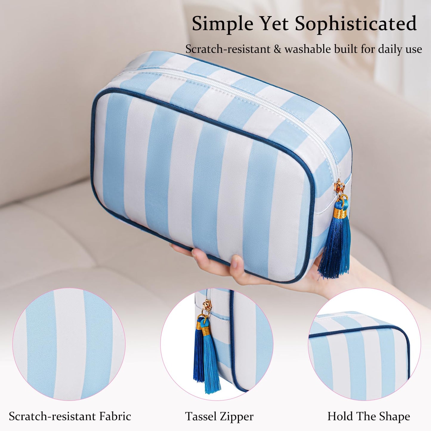 RSRSLEII Large Stripe Zipper Makeup Bag,Aesthetic Tassel Travel Cosmetic Bag,Coquette Toiletry Bag, Girls Handbags Purses,Accessories Storage Bag for Women Girls,Mahjong Tiles Bag(Blue)