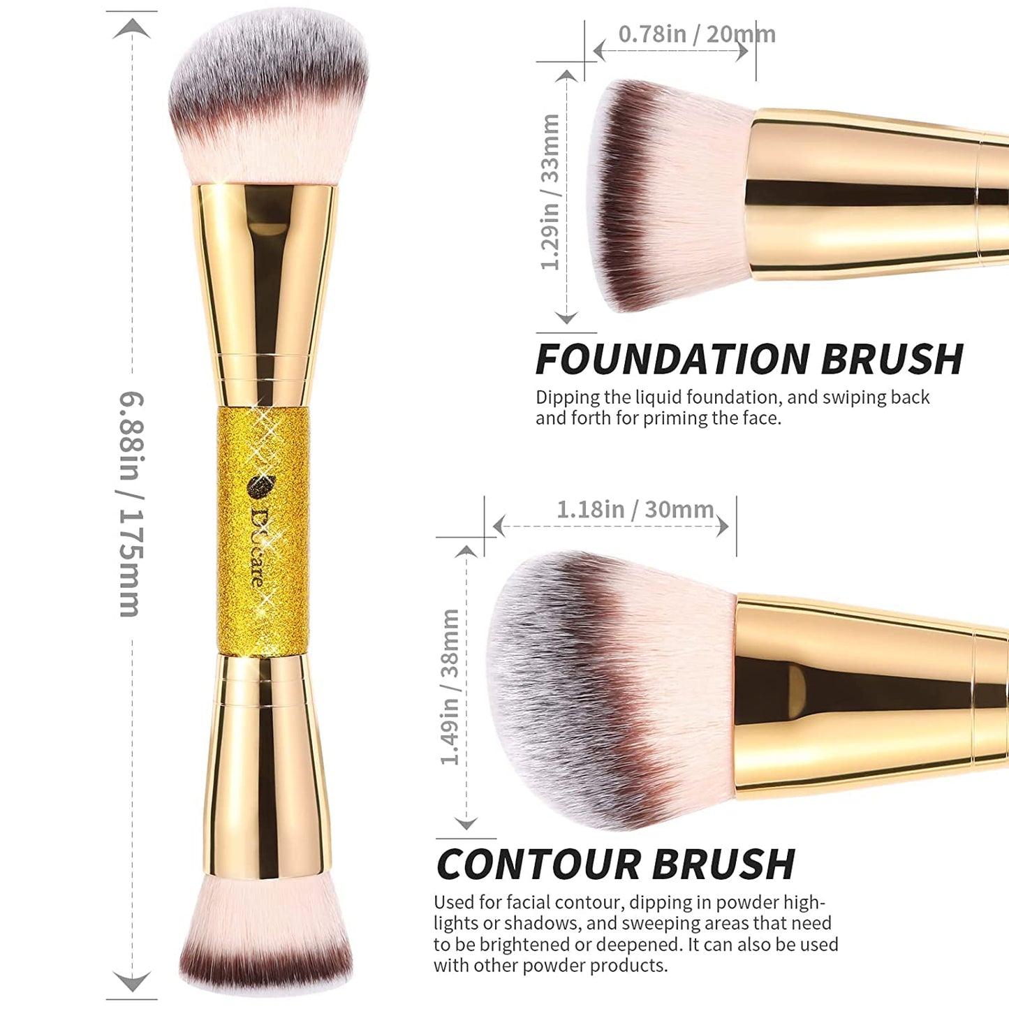 DUcare Dual End Foundation Brush - Professional Contour & Bronzer Tool for Liquid, Cream, & Powder Makeup | Gold Glitter Handle